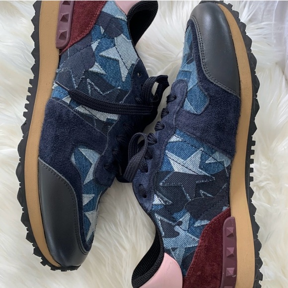 Valentino Shoes - Authentic Valentino Blue Denim Patchwork Star Rockstud Sneakers Size 41